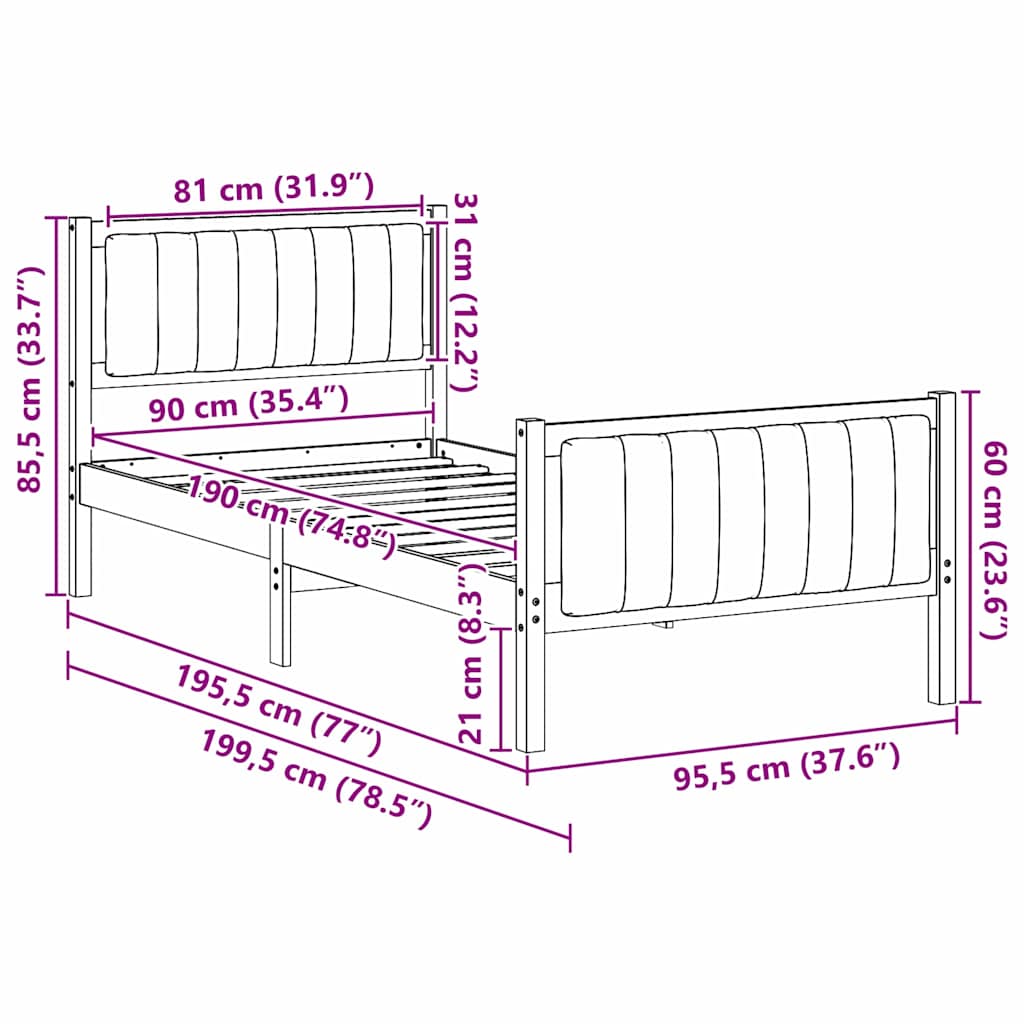 Okvir kreveta s uzglavljem Bijela i svijetlosiva 90 x 190 cm