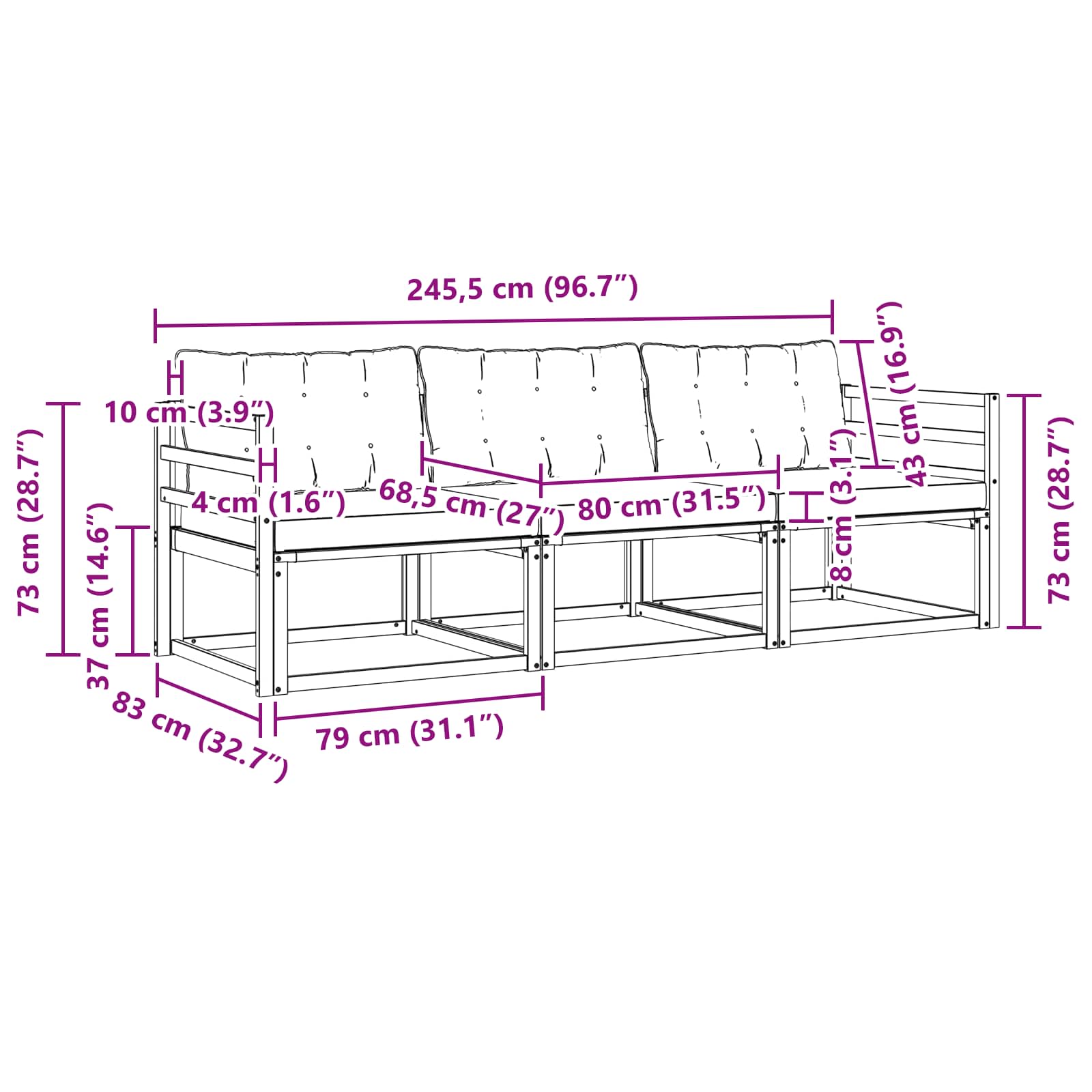 Set vanjskih sofa s jastukom 3 pcs Bijela i crna