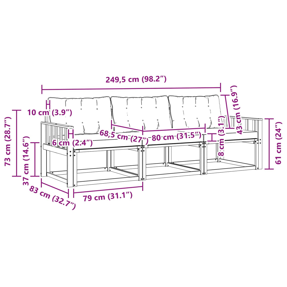 Set vanjskih sofa s jastukom 3 pcs Bijela i crna