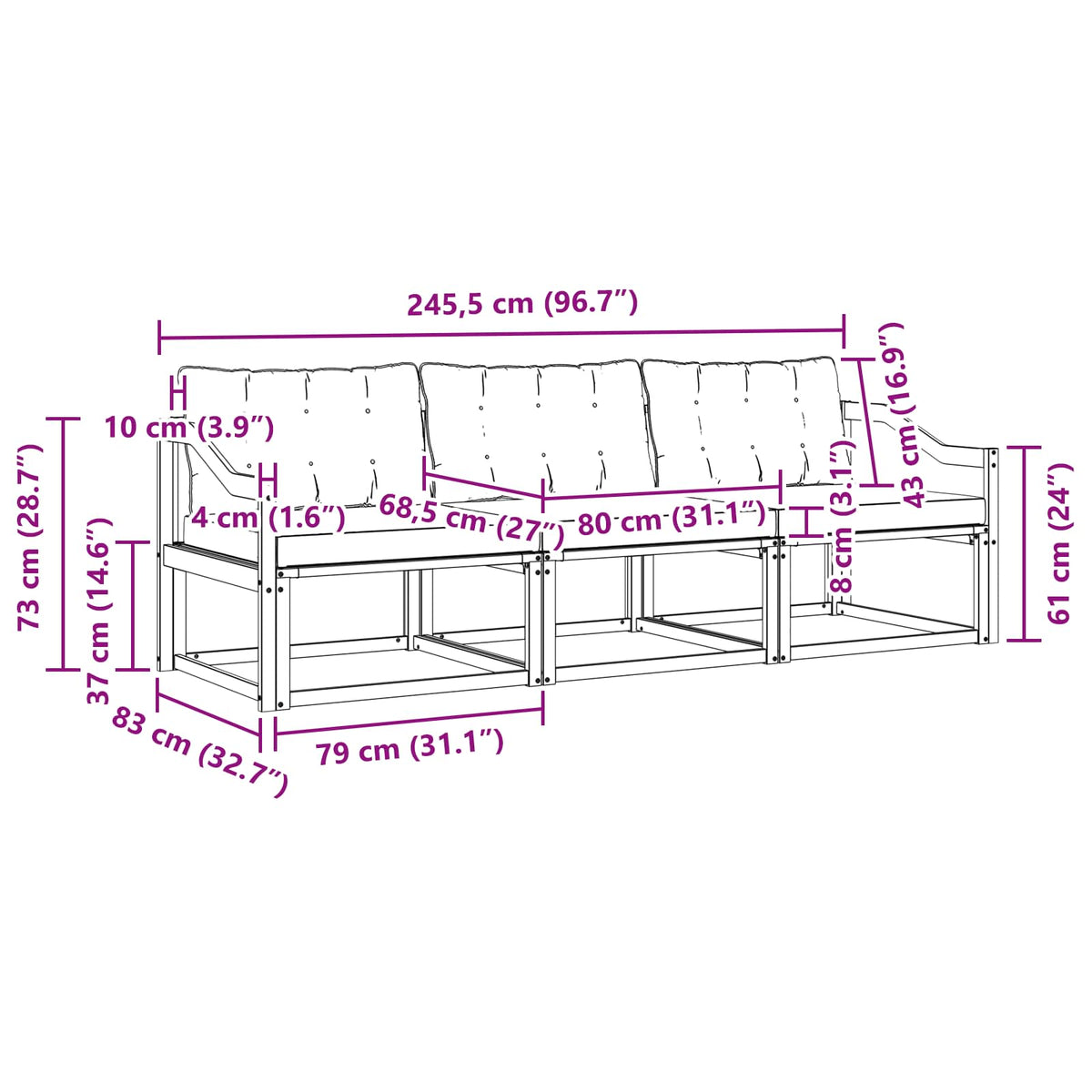 Set vanjskih sofa s jastukom 3 pcs Bijela i crna