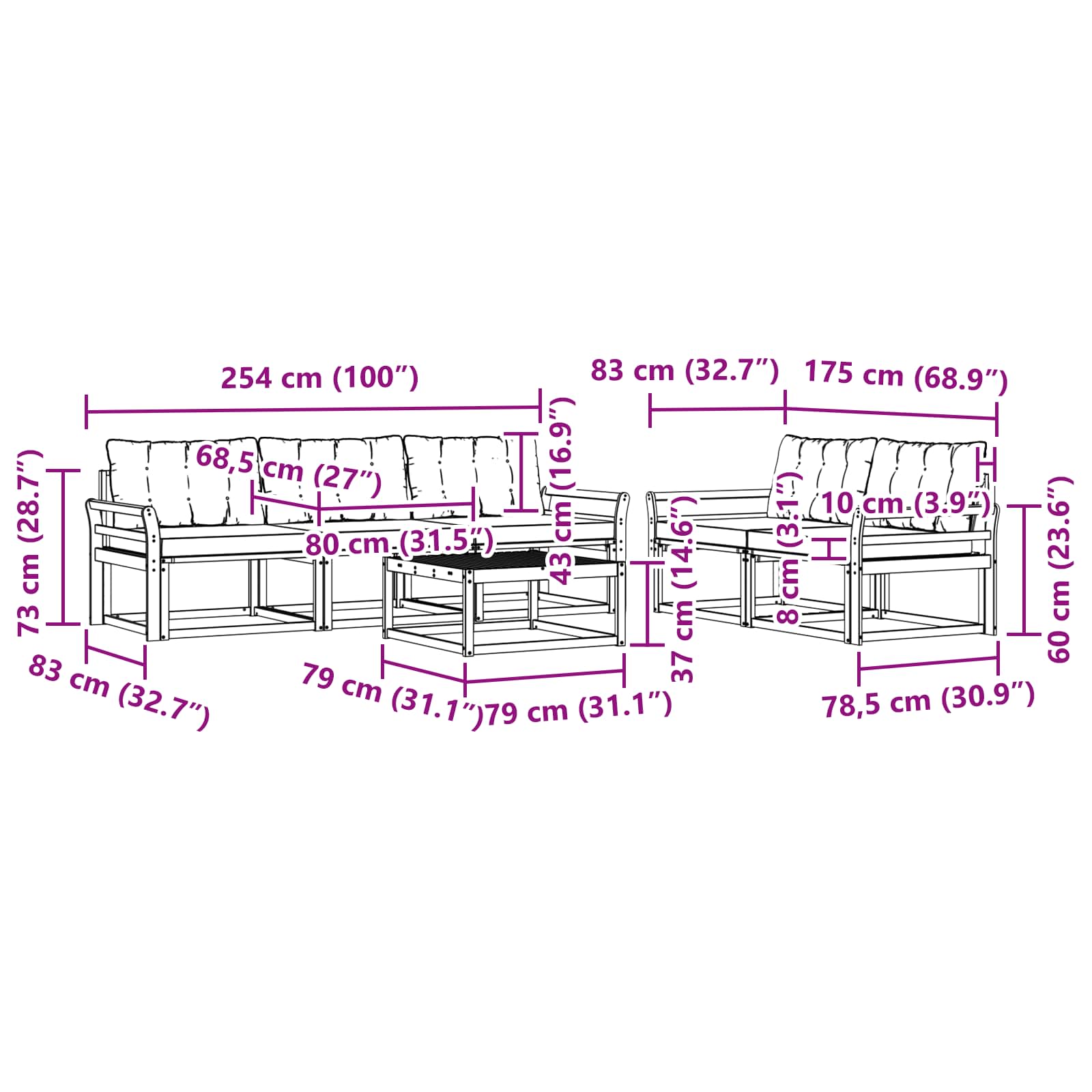 Set vanjskih sofa 6 pcs Bijela i crna 79 x 79 x 37 cm