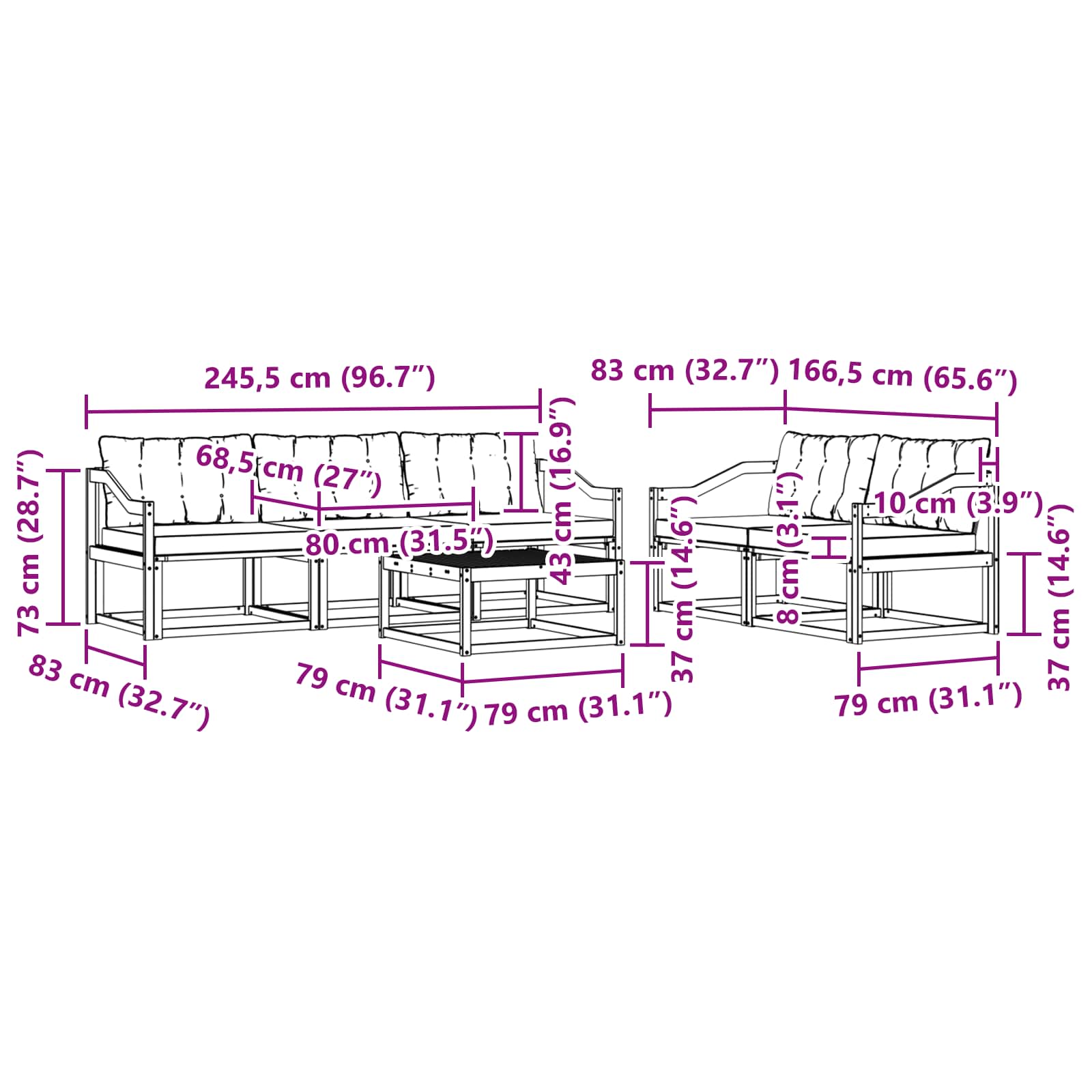 Set vanjskih sofa 6 pcs Bijela i crna 79 x 79 x 37 cm