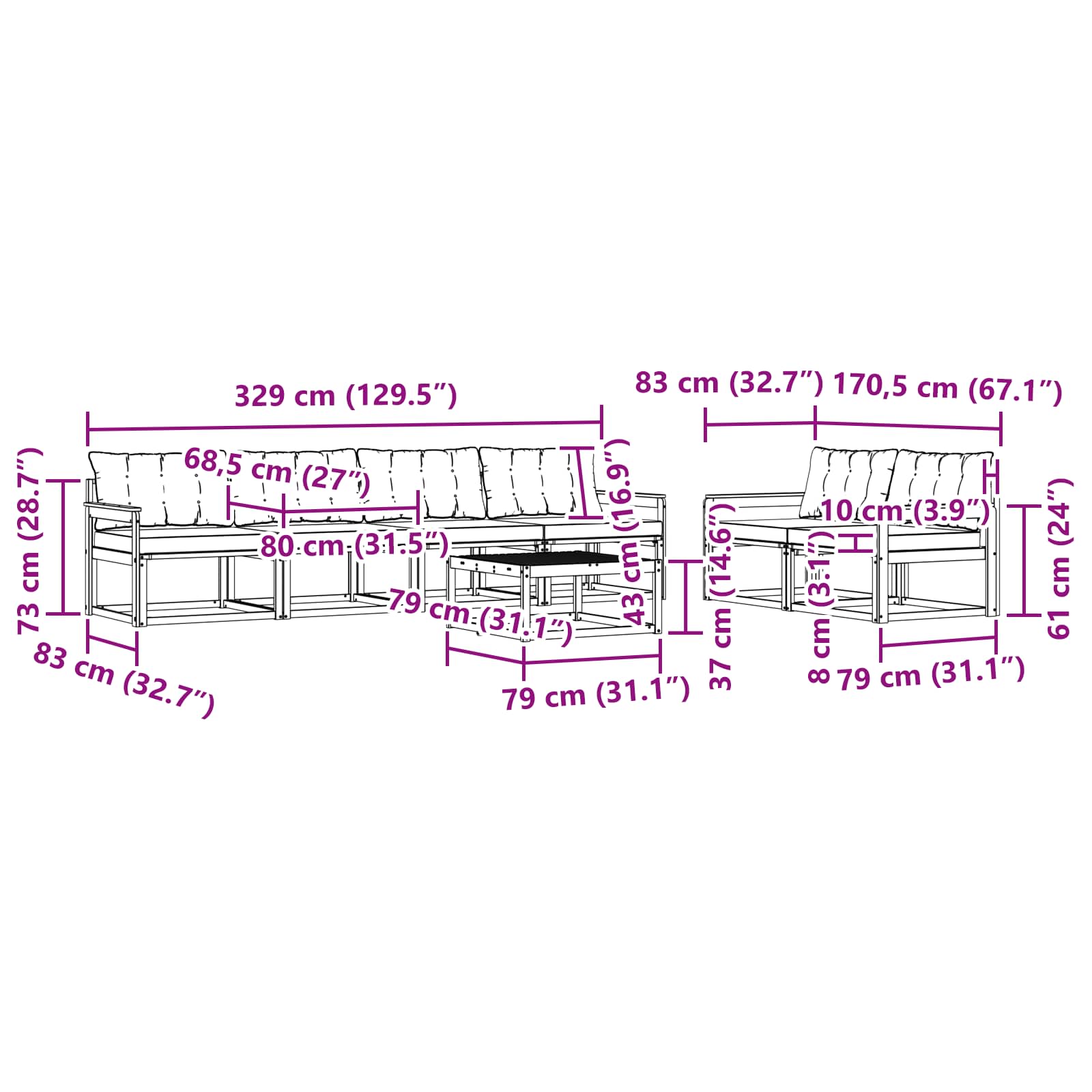 Set vanjskih sofa 7 pcs Bijela i crna 79 x 79 x 37 cm