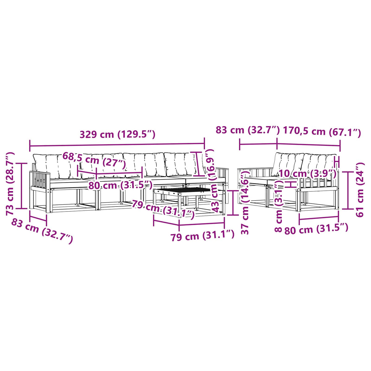 Set vanjskih sofa 7 pcs Bijela i crna 79 x 79 x 37 cm
