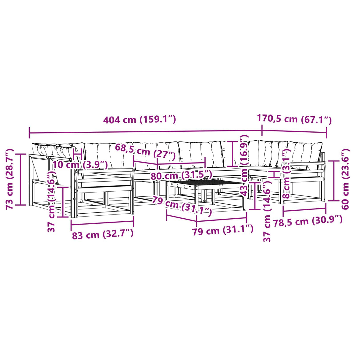 Set vanjskih sofa 8 kom. Bijela i crna Smeđa 79 x 79 x 37 cm