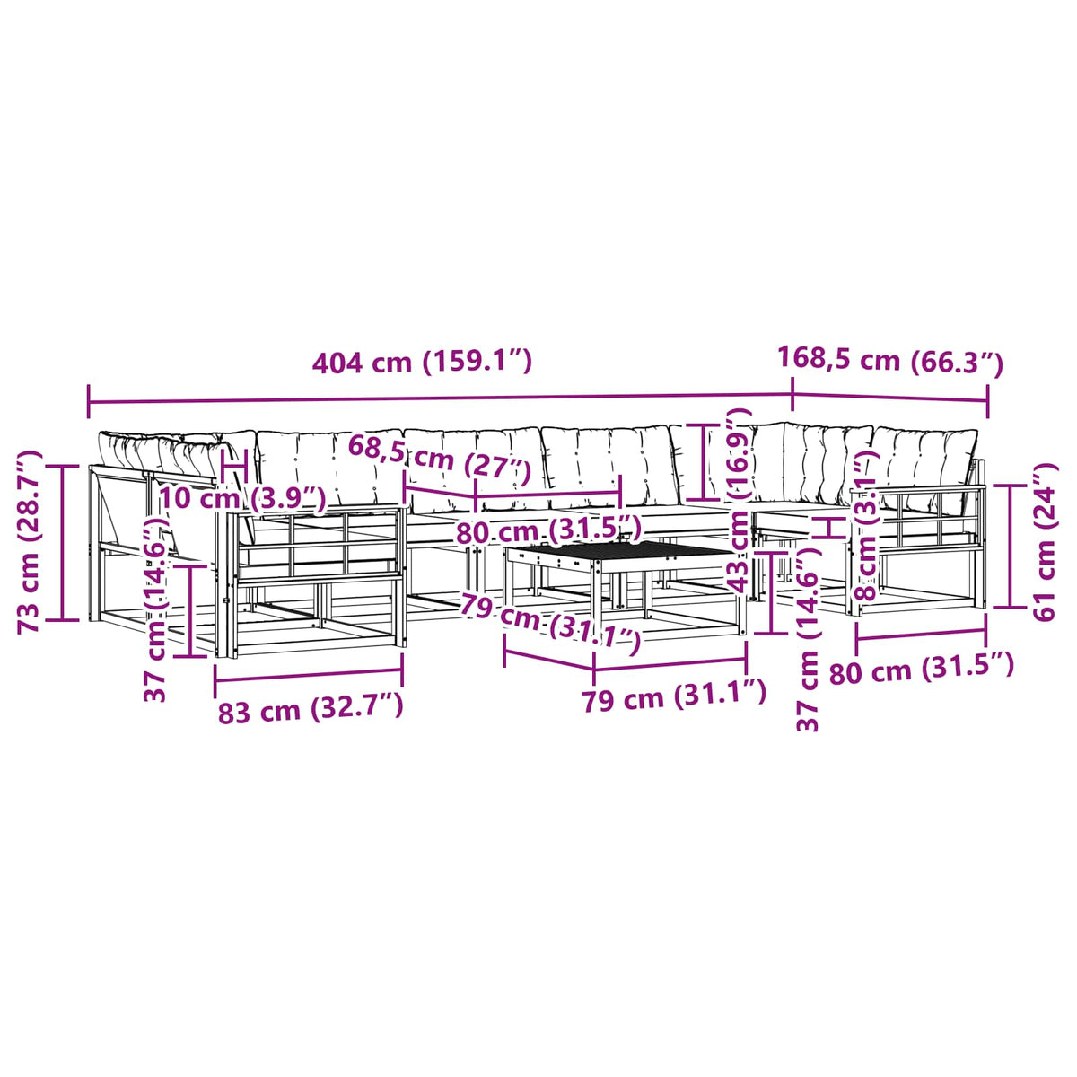 Set vanjskih sofa 8 kom. Bijela i crna Smeđa 79 x 79 x 37 cm