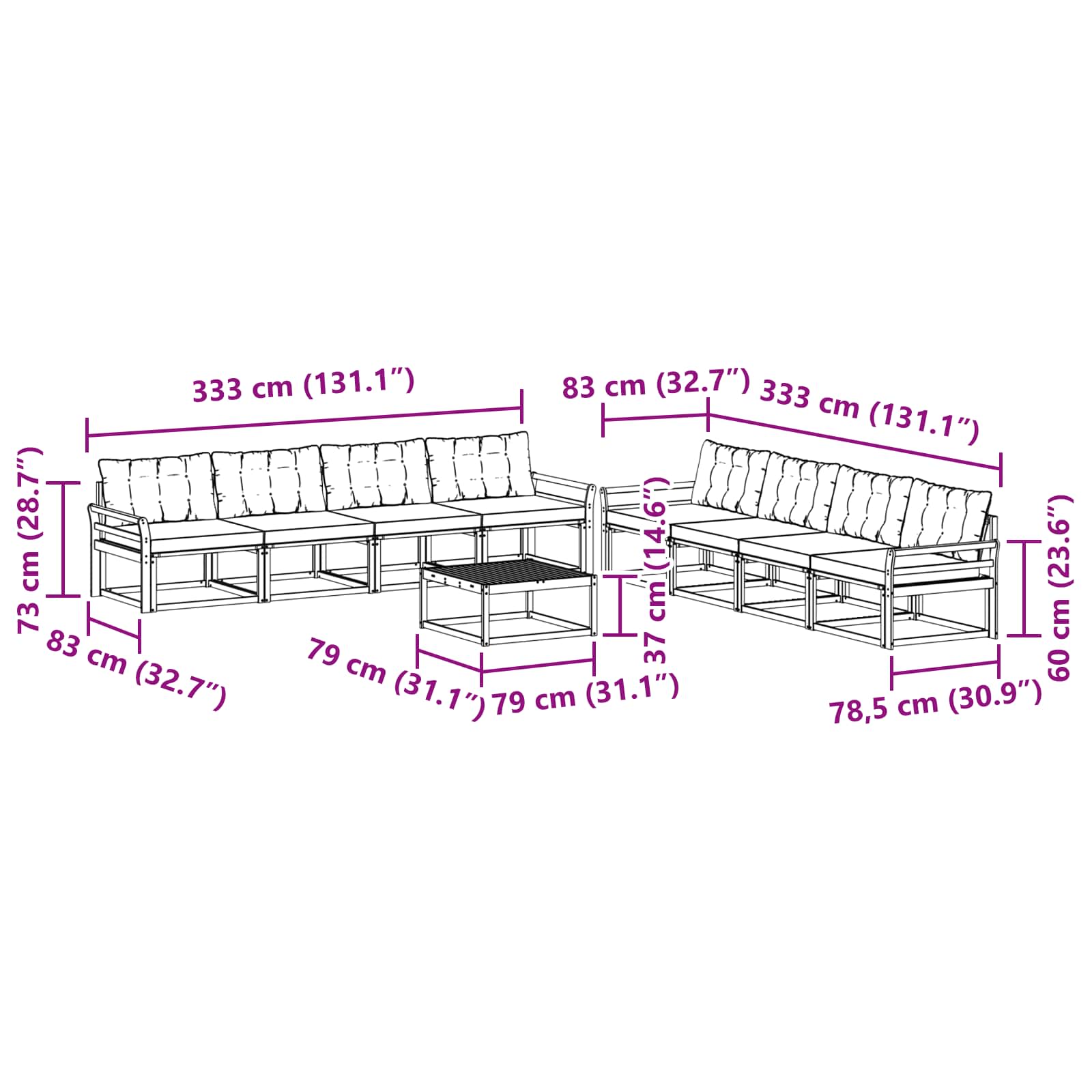 Set vanjskih sofa 9 pcs Bijela i crna 79 x 79 x 37 cm