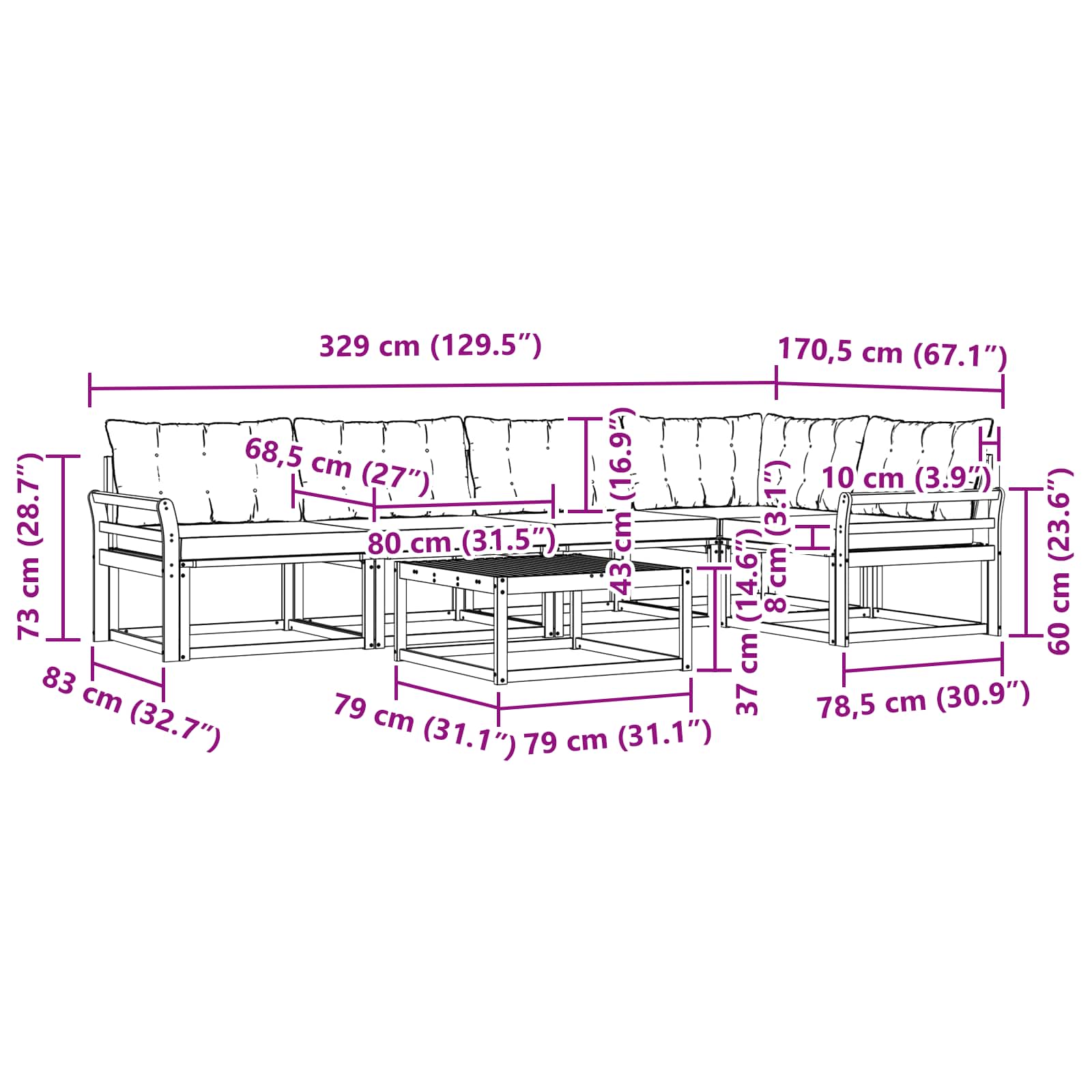 Set vanjskih sofa 6 pcs Bijela i crna 79 x 79 x 37 cm