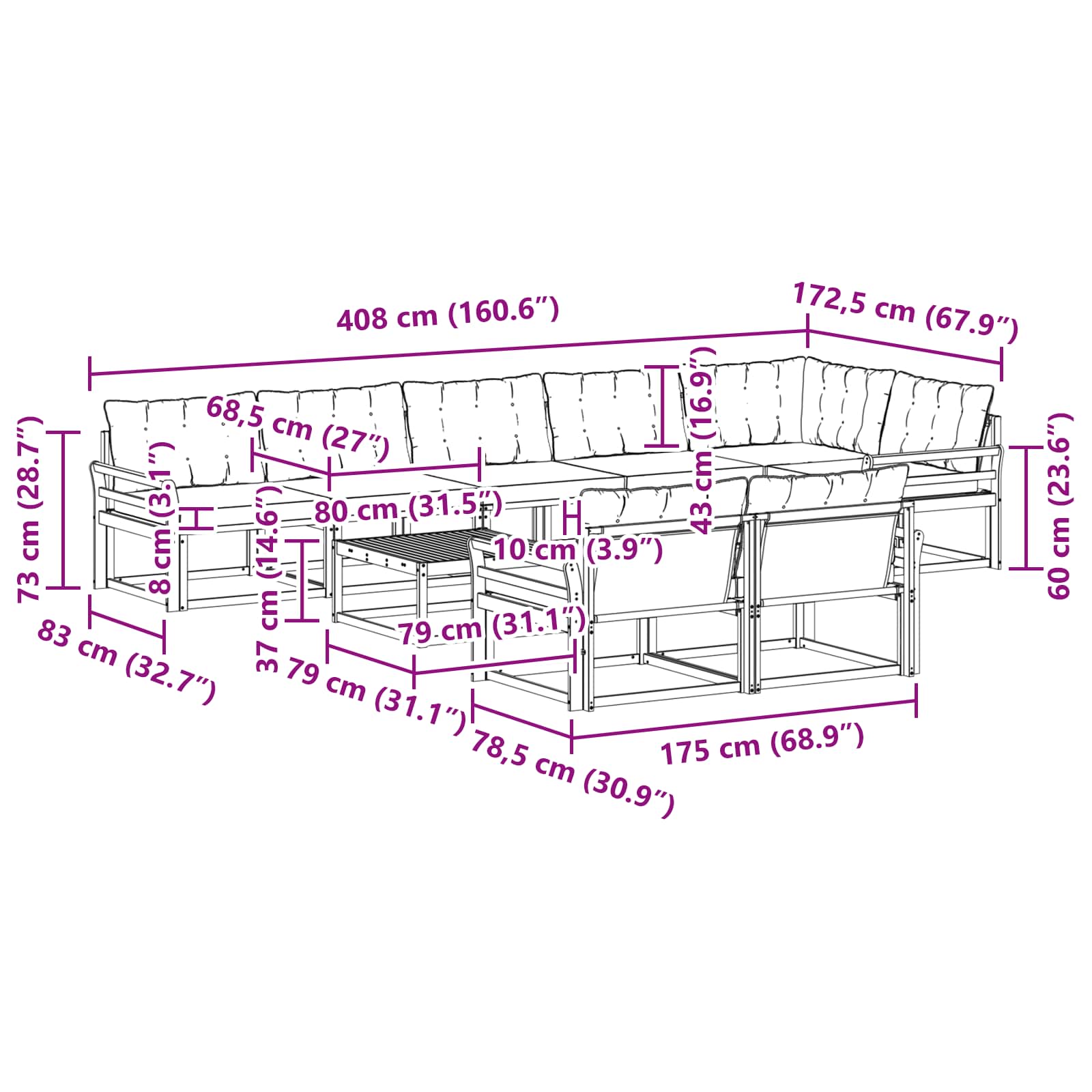 Set vanjskih sofa 9 pcs Bijela i crna 79 x 79 x 37 cm