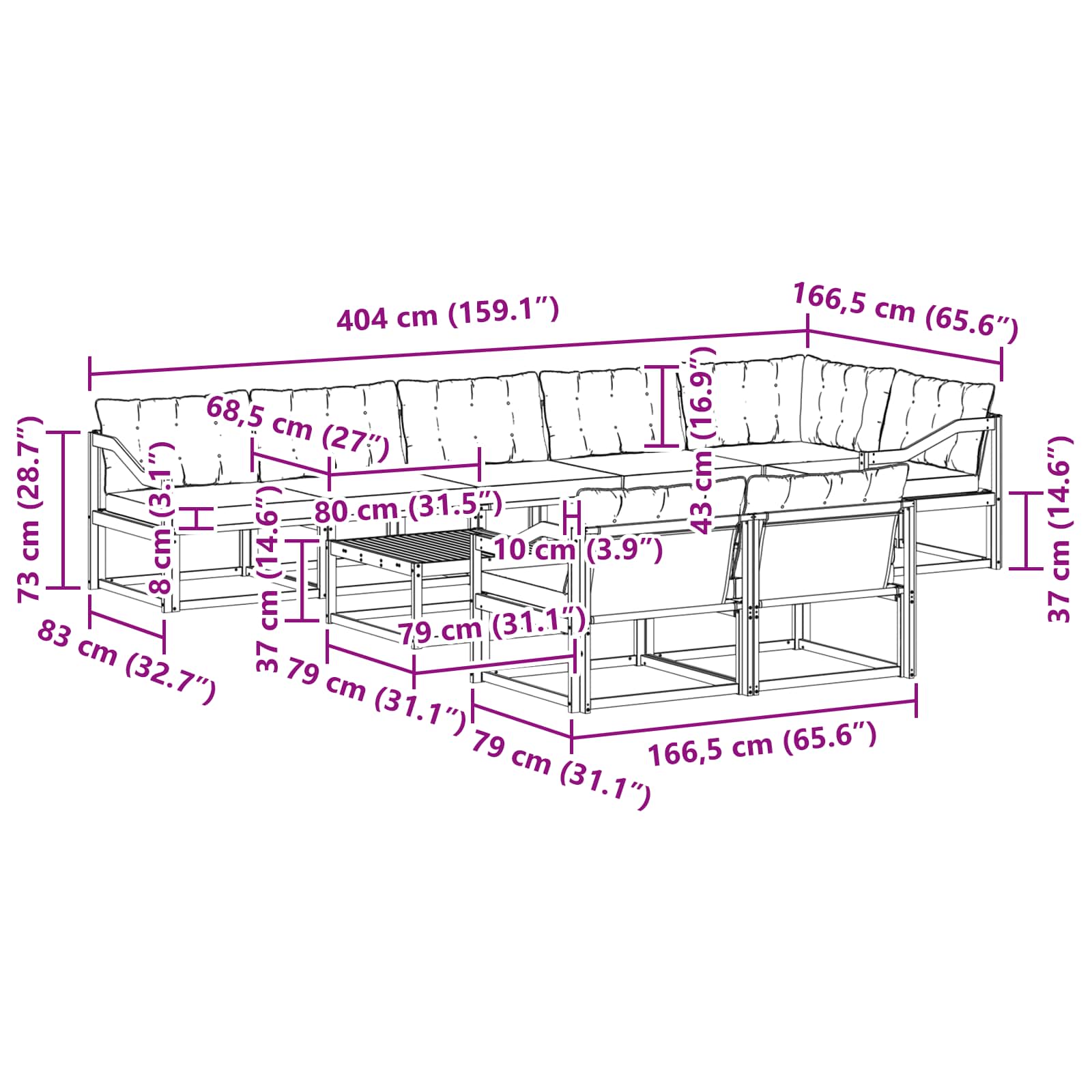Set vanjskih sofa 9 pcs Bijela i crna 79 x 79 x 37 cm