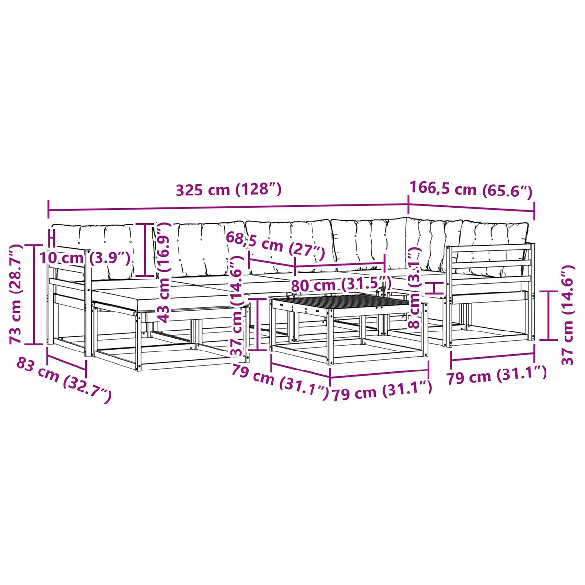 Set vanjskih sofa 7 kom. Bijela i crna Čvrsto drvo akacije