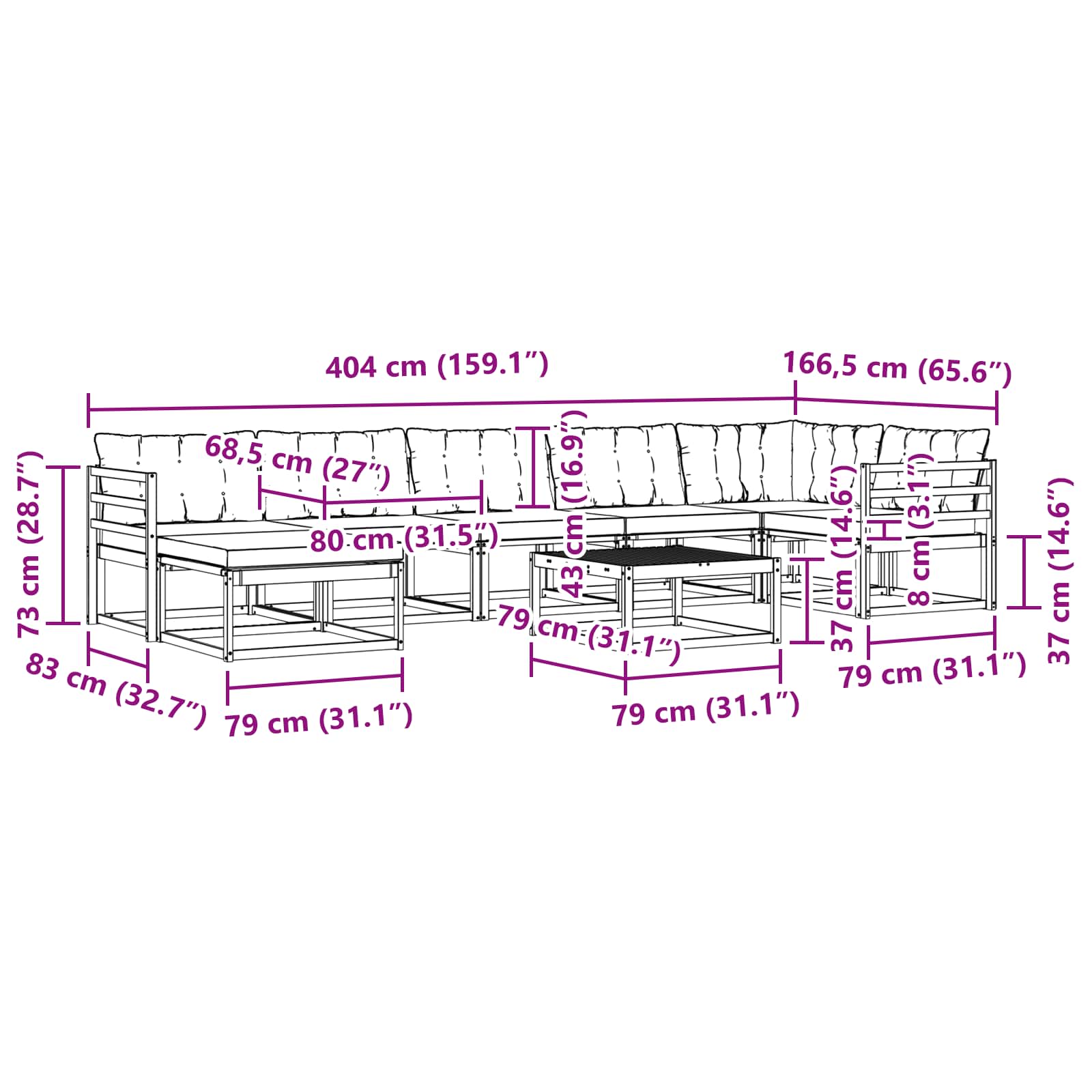 Set vanjskih sofa 8 pcs Bijela i crna Čvrsto drvo akacije