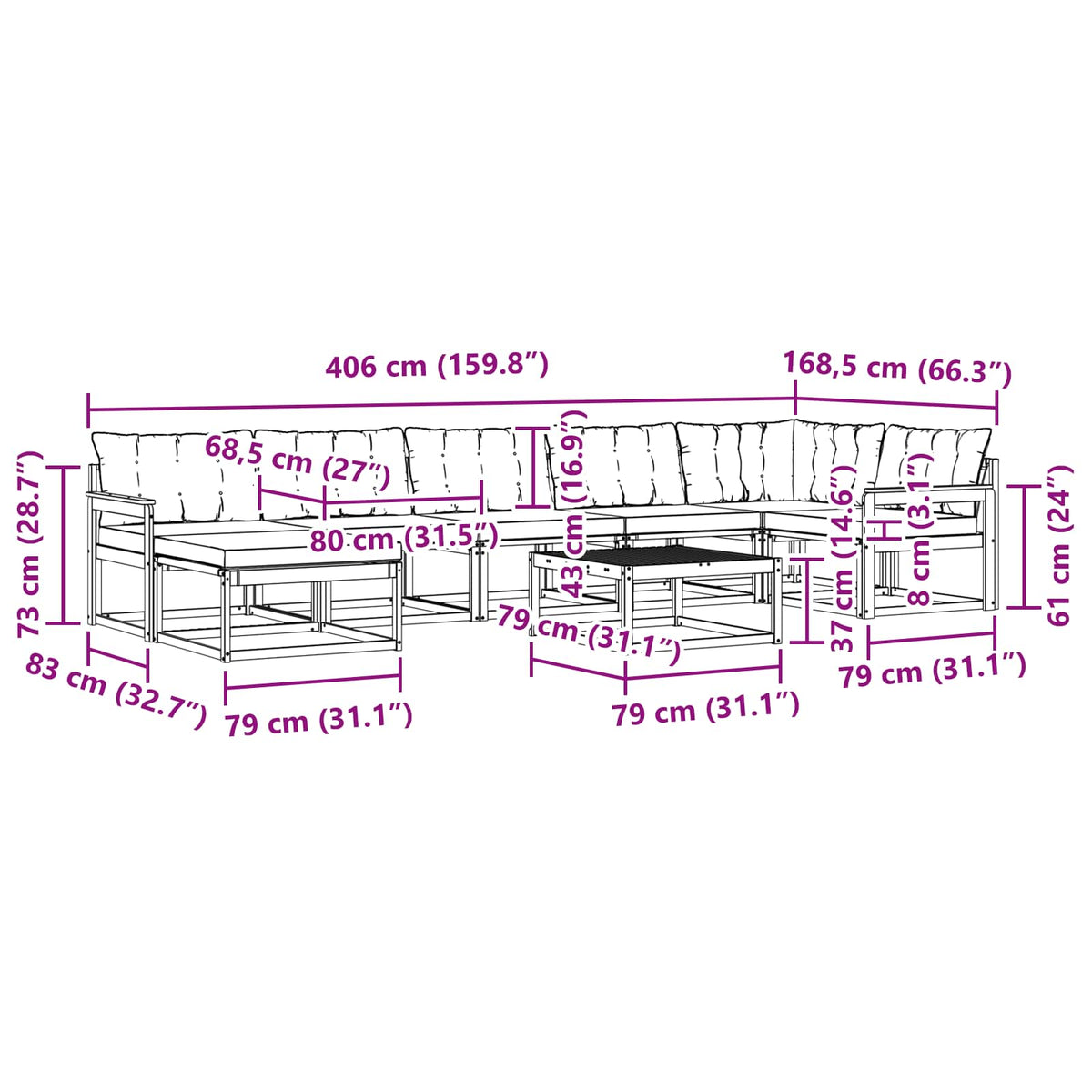 Set vanjskih sofa 8 pcs Bijela i krem Čvrsto drvo akacije