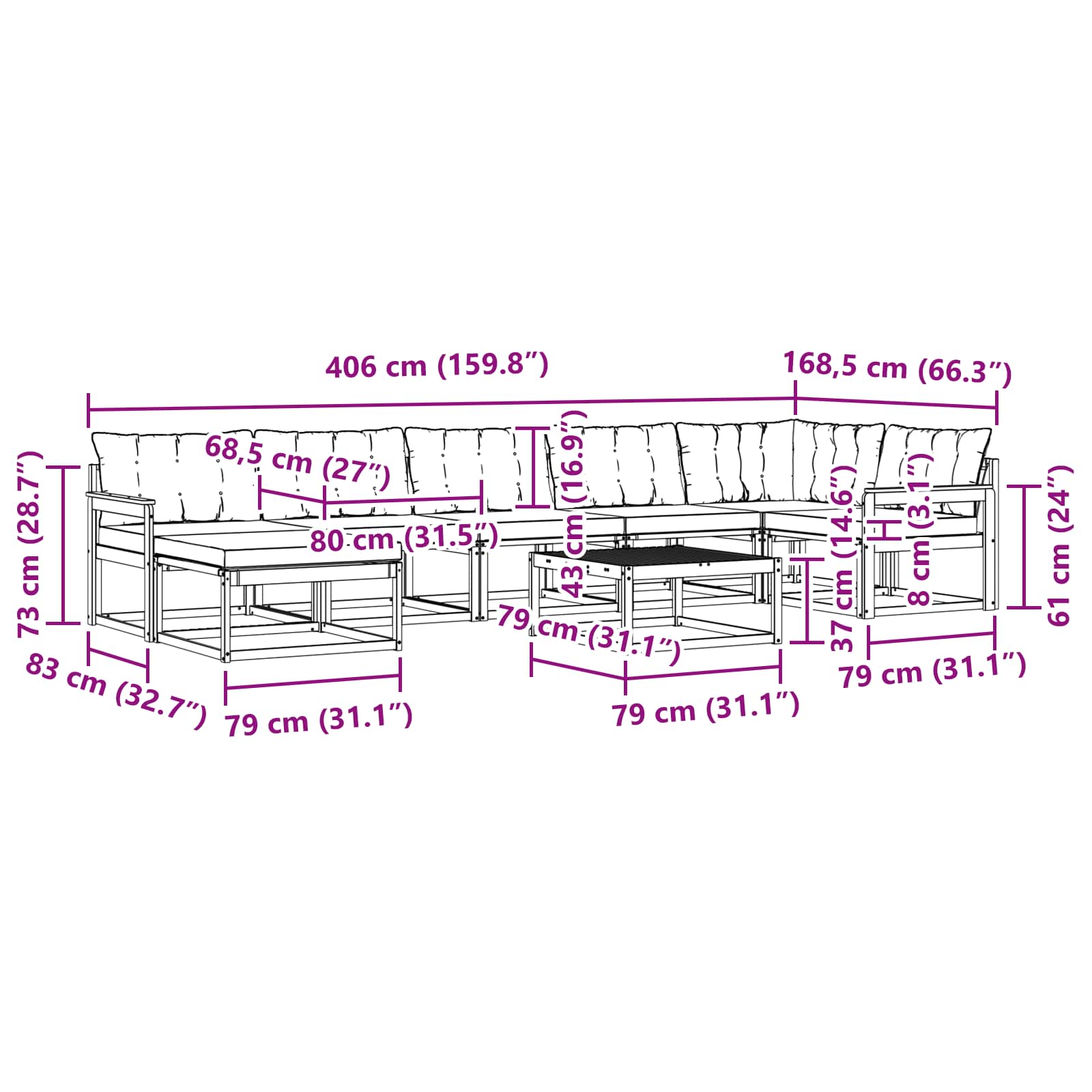 Set vanjskih sofa 8 pcs Bijela i crna Čvrsto drvo akacije