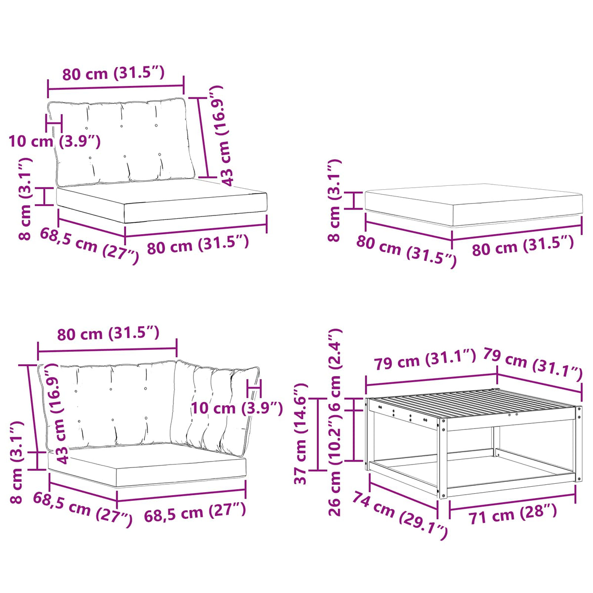 Set vanjskih sofa 8 kom. Bijela i krem Čvrsto drvo akacije