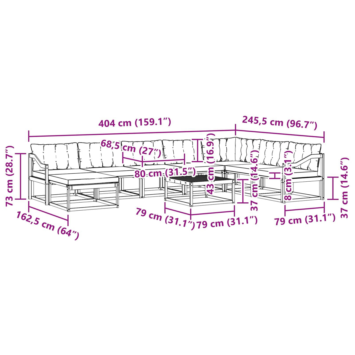 Set vanjskih sofa 9 pcs Bijela i krem Čvrsto drvo akacije