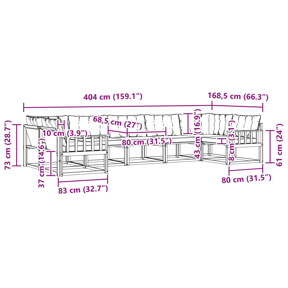 Set vanjskih sofa 7 kom. Bijela i krem Smeđa 404 x 168,5 x 73 cm