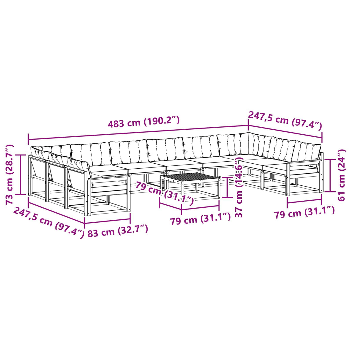 Set vanjskih sofa s jastukom 11 pcs Bijela i crna