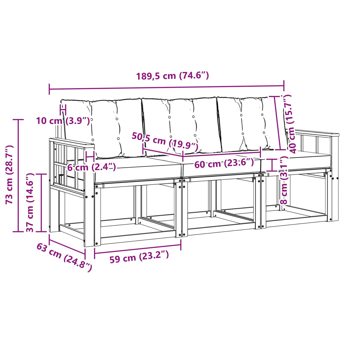 Set vanjskih sofa s jastukom 3 pcs Bijela i crna