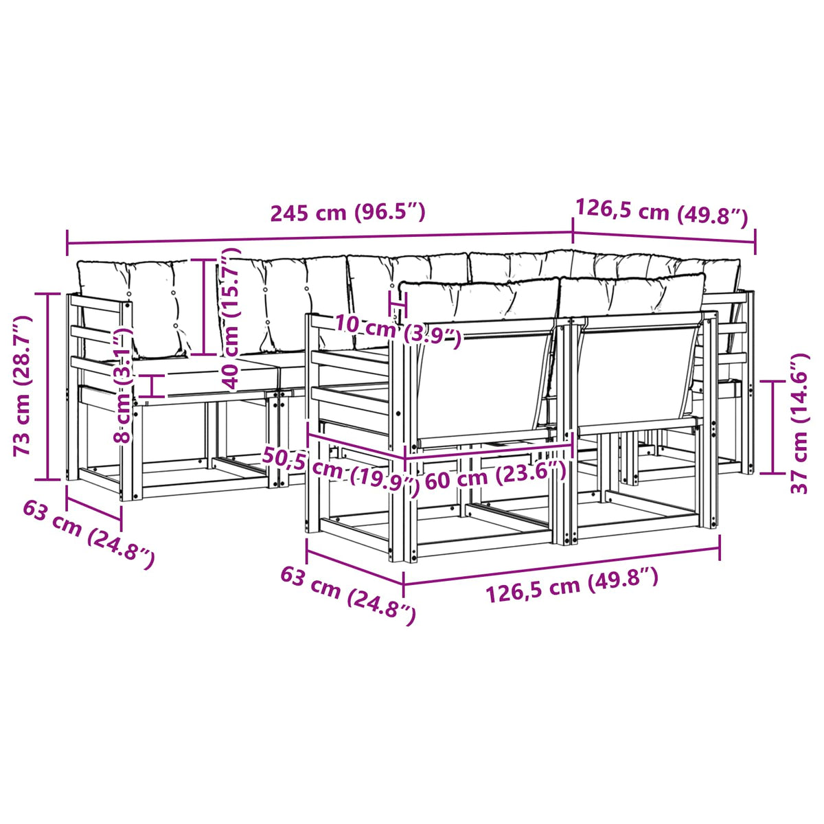 Set vanjskih sofa 7 kom. Bijela i svjetlosiva Smeđa 245 x 126,5 x 73 cm