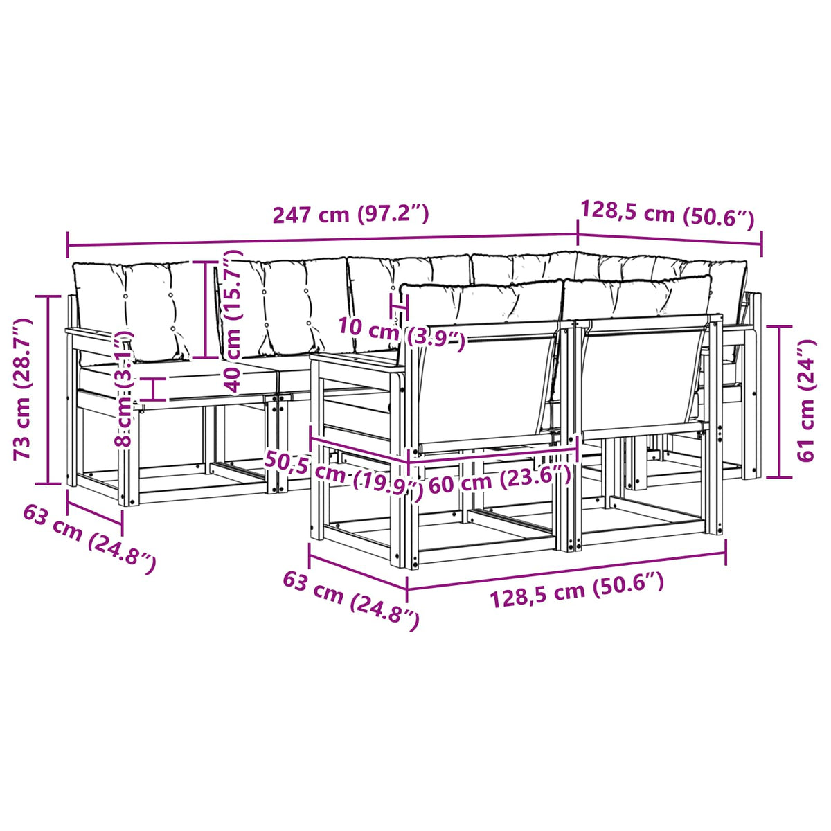 Set vanjskih sofa 7 kom. Bijela i svjetlosiva Smeđa 247 x 128,5 x 73 cm