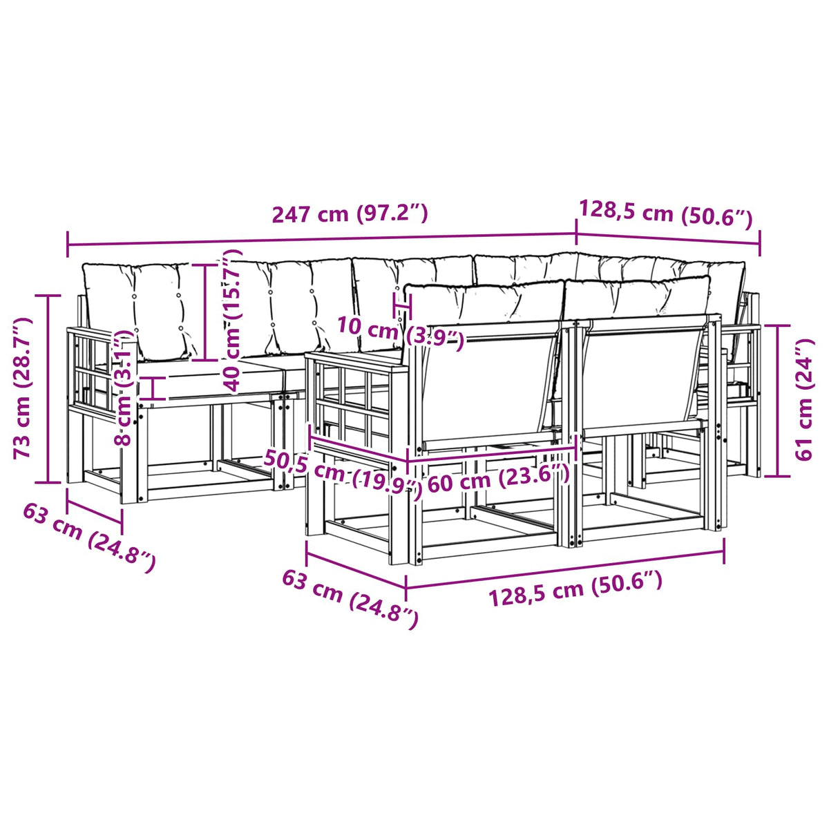 Set vanjskih sofa 7 kom. Bijela i krem Smeđa 247 x 128,5 x 73 cm
