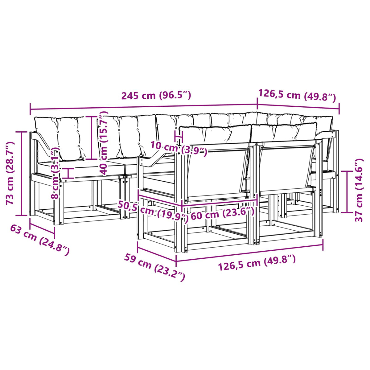 Set vanjskih sofa 7 kom. Bijela i svjetlosiva Smeđa 245 x 126,5 x 73 cm