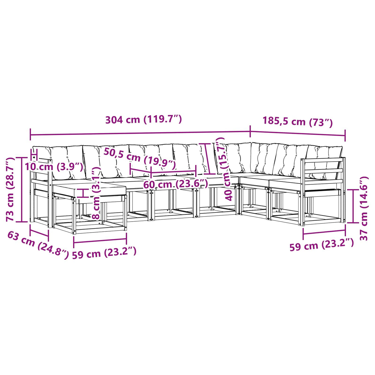 Set vanjskih sofa 8 kom. Bijela i bež Smeđa 304 x 185,5 x 73 cm