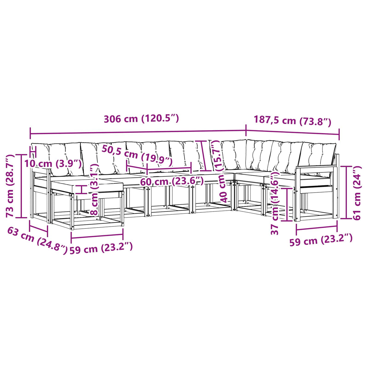 Set vanjskih sofa 8 kom. Bijela i krem Smeđa 306 x 187,5 x 73 cm