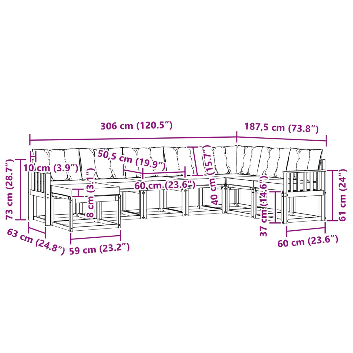 Set vanjskih sofa 8 kom. Bijela i bež Smeđa 306 x 187,5 x 73 cm