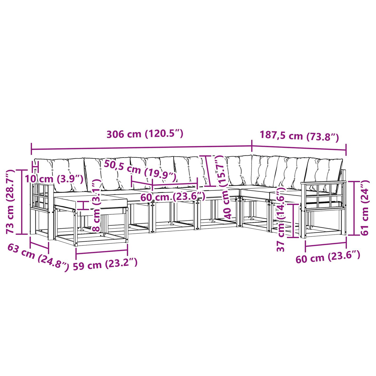 Set vanjskih sofa 8 kom. Bijela i svjetlosiva Smeđa 306 x 187,5 x 73 cm