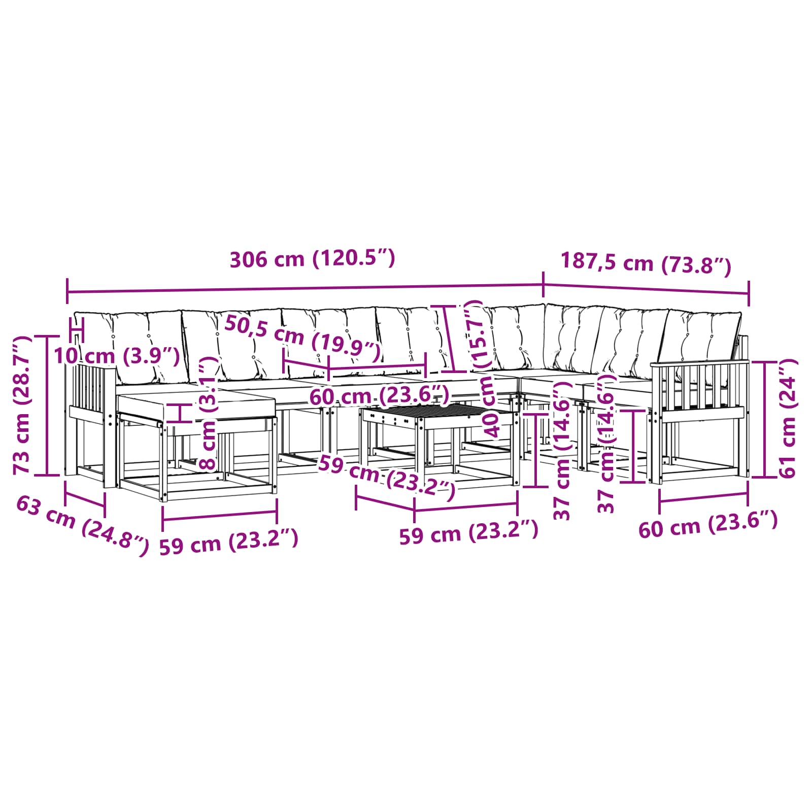 Set vanjskih sofa s jastukom 9 pcs Bijela i crna