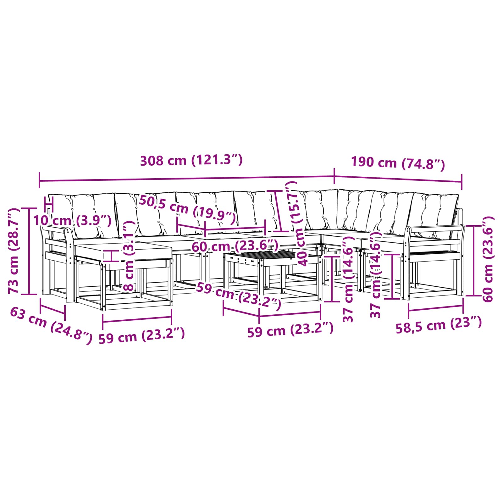Set vanjskih sofa s jastukom 9 pcs Bijela i crna
