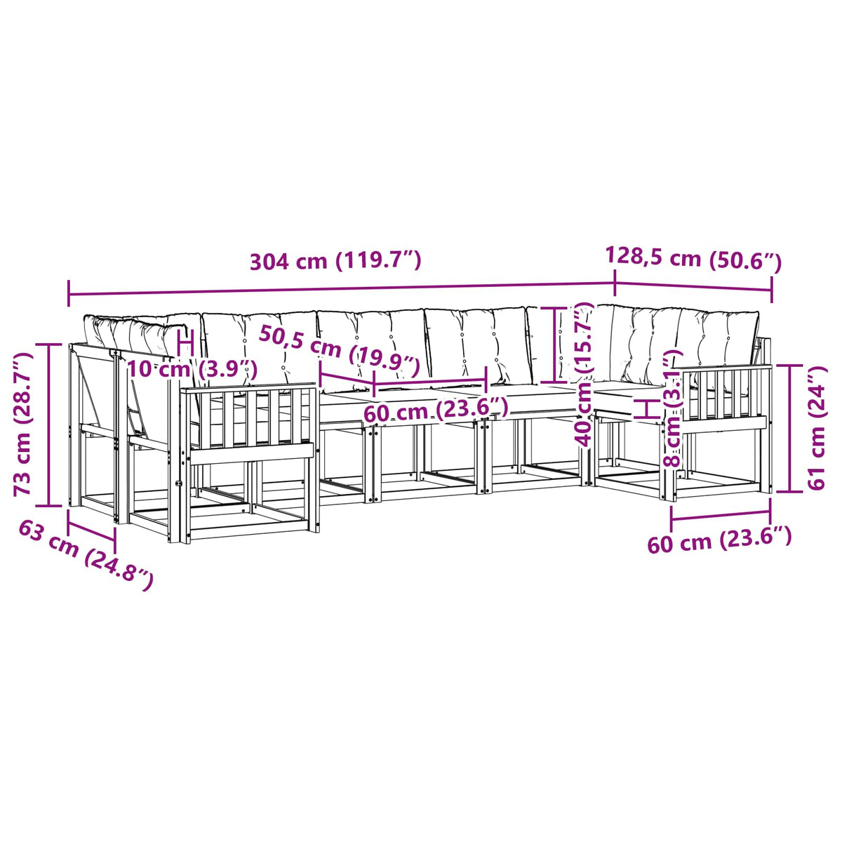 Set vanjskih sofa 7 kom. Bijela i krem Smeđa 304 x 128,5 x 73 cm