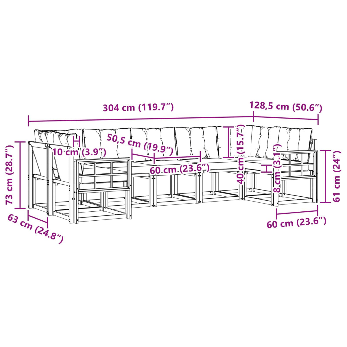Set vanjskih sofa 7 kom. Bijela i crna Smeđa 304 x 128,5 x 73 cm