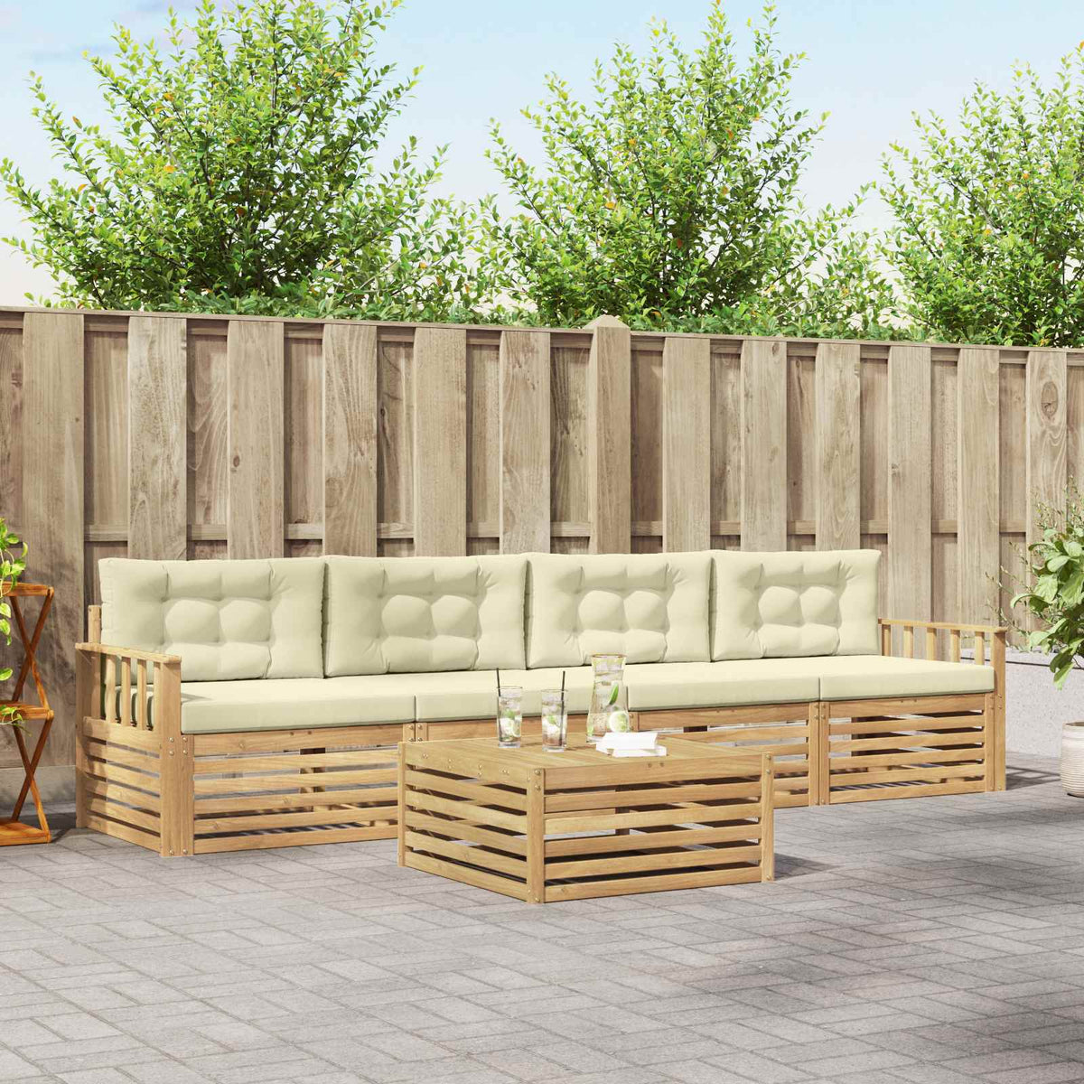 Set vanjskih sofa 5 kom. Bijela i krem Čvrsto drvo akacije