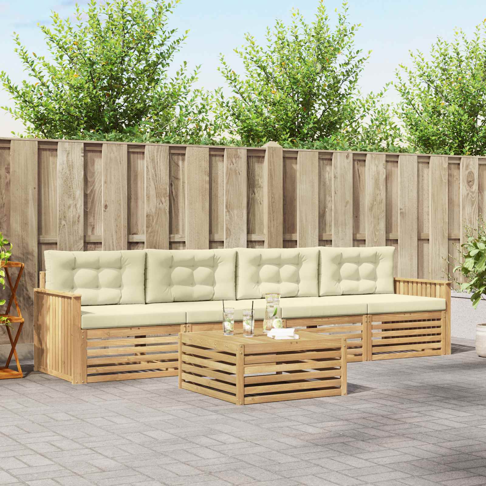 Set vanjskih sofa 5 kom. Bijela i krem Čvrsto drvo akacije