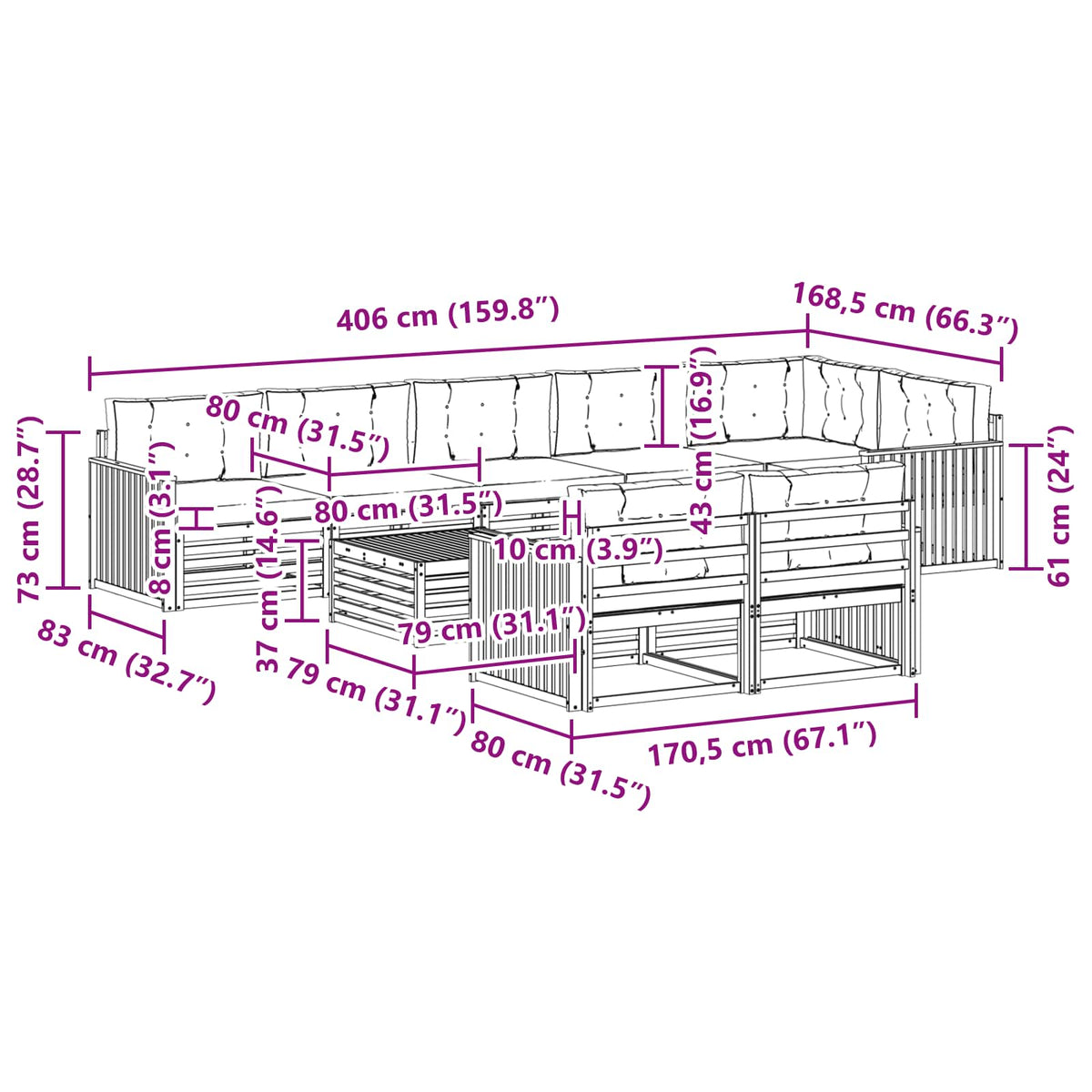 Set vanjskih sofa 9 kom. Bijela i krem Poliester Smeđa 79 x 79 x 37 cm