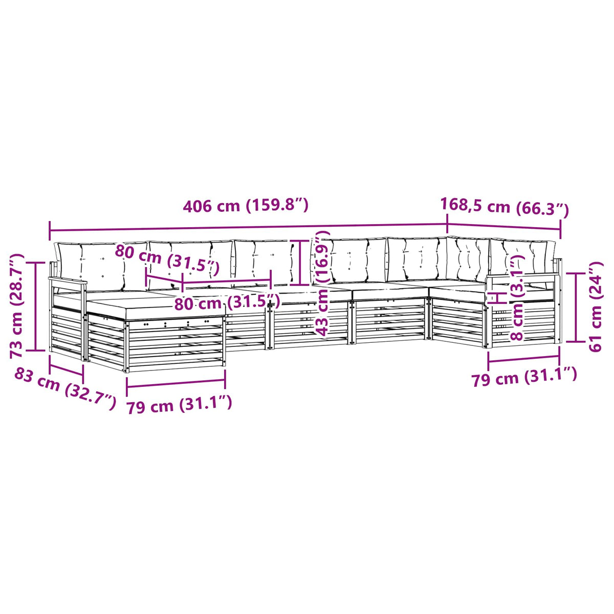 Set vanjskih sofa 7 kom. Bijela i krem Smeđa 406 x 168,5 x 73 cm