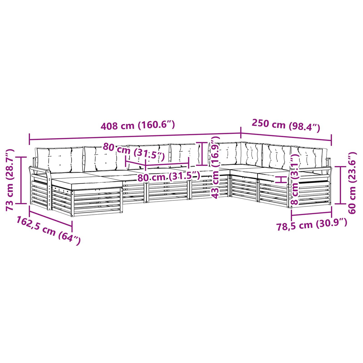 Set vanjskih sofa 8 kom. Bijela i antracit Čvrsto drvo akacije 408 x 250 x 73 cm