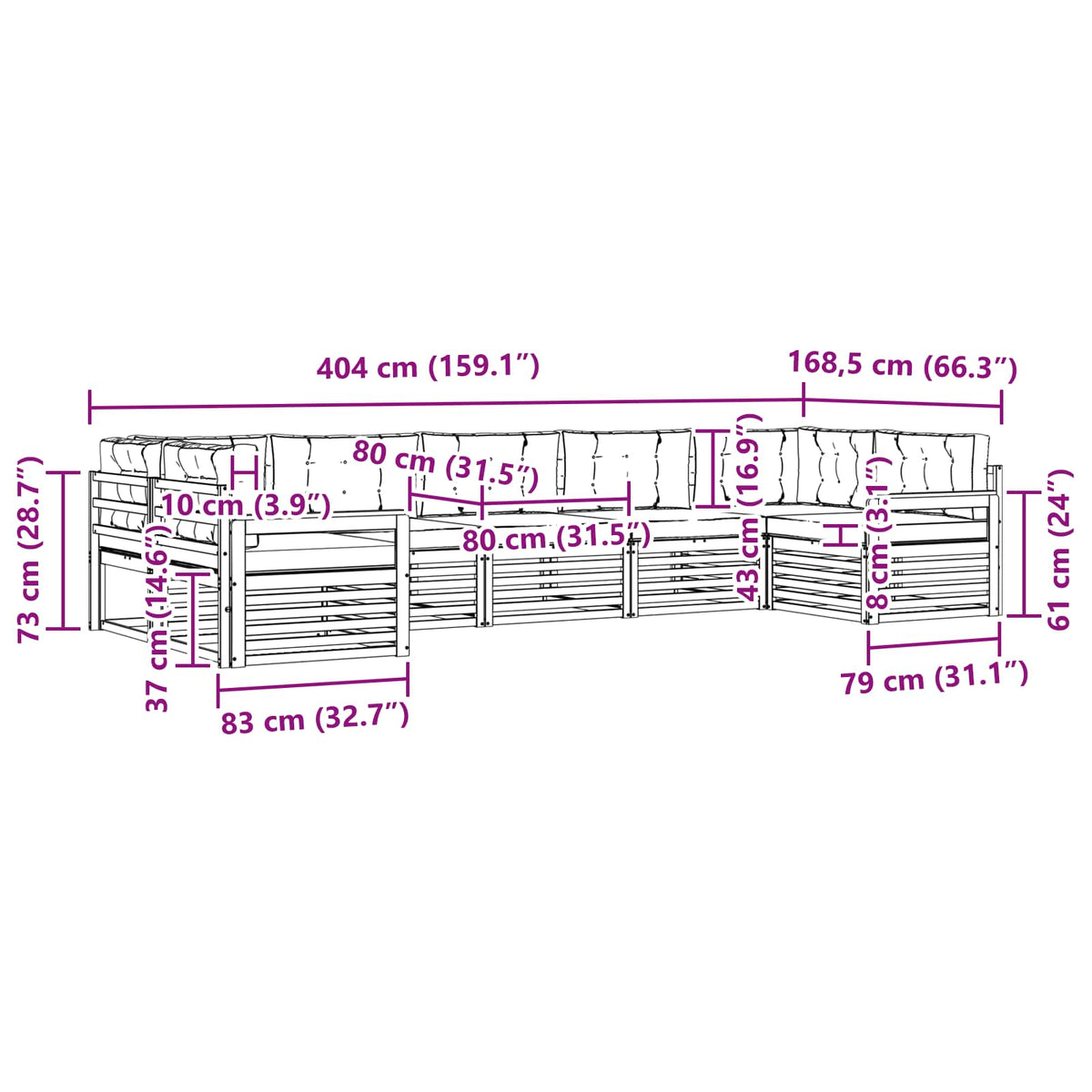 Set vanjskih sofa 7 kom. Bijela i bež Čvrsto drvo akacije 404 x 168,5 x 73 cm