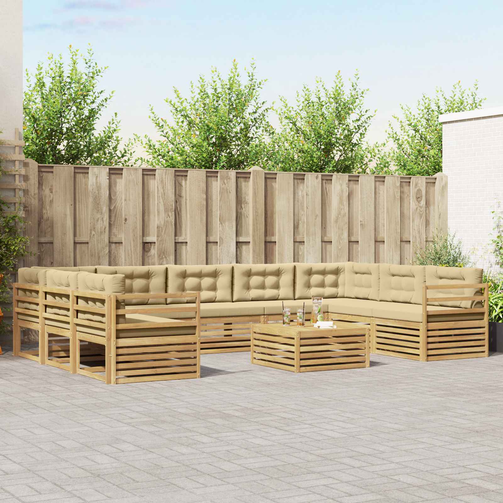 Set vanjskih sofa s jastukom 10 pcs Bijela i bež Poliester