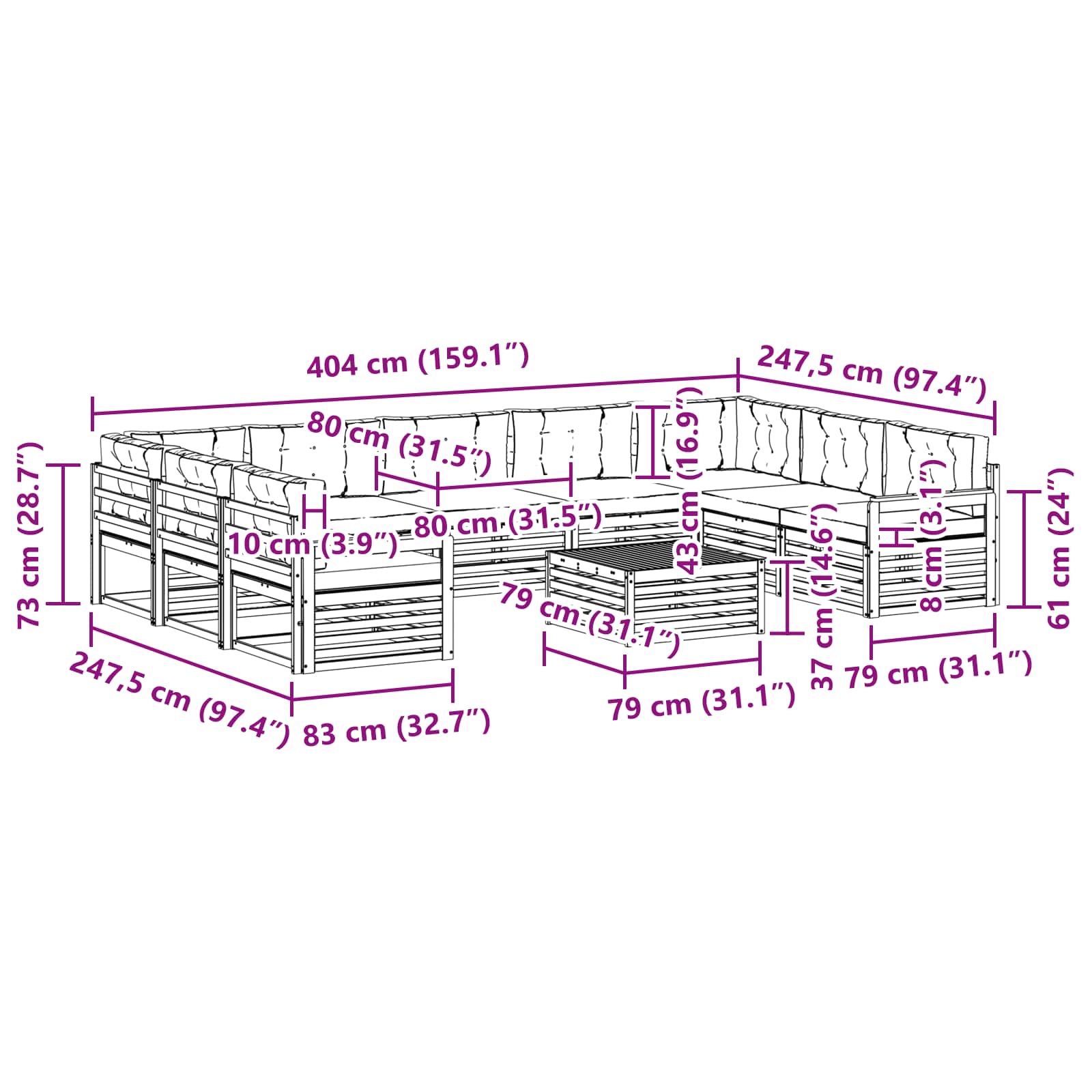 Set vanjskih sofa 10 pcs Bijela i krem Čvrsto drvo akacije