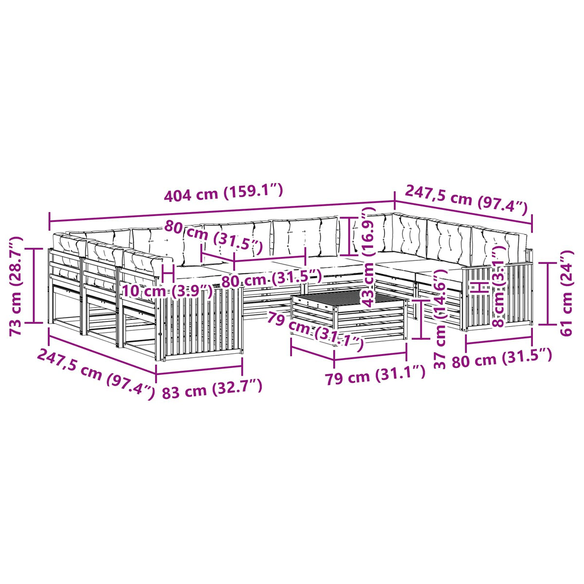 Set vanjskih sofa 10 kom. Bijela i krem Čvrsto drvo akacije