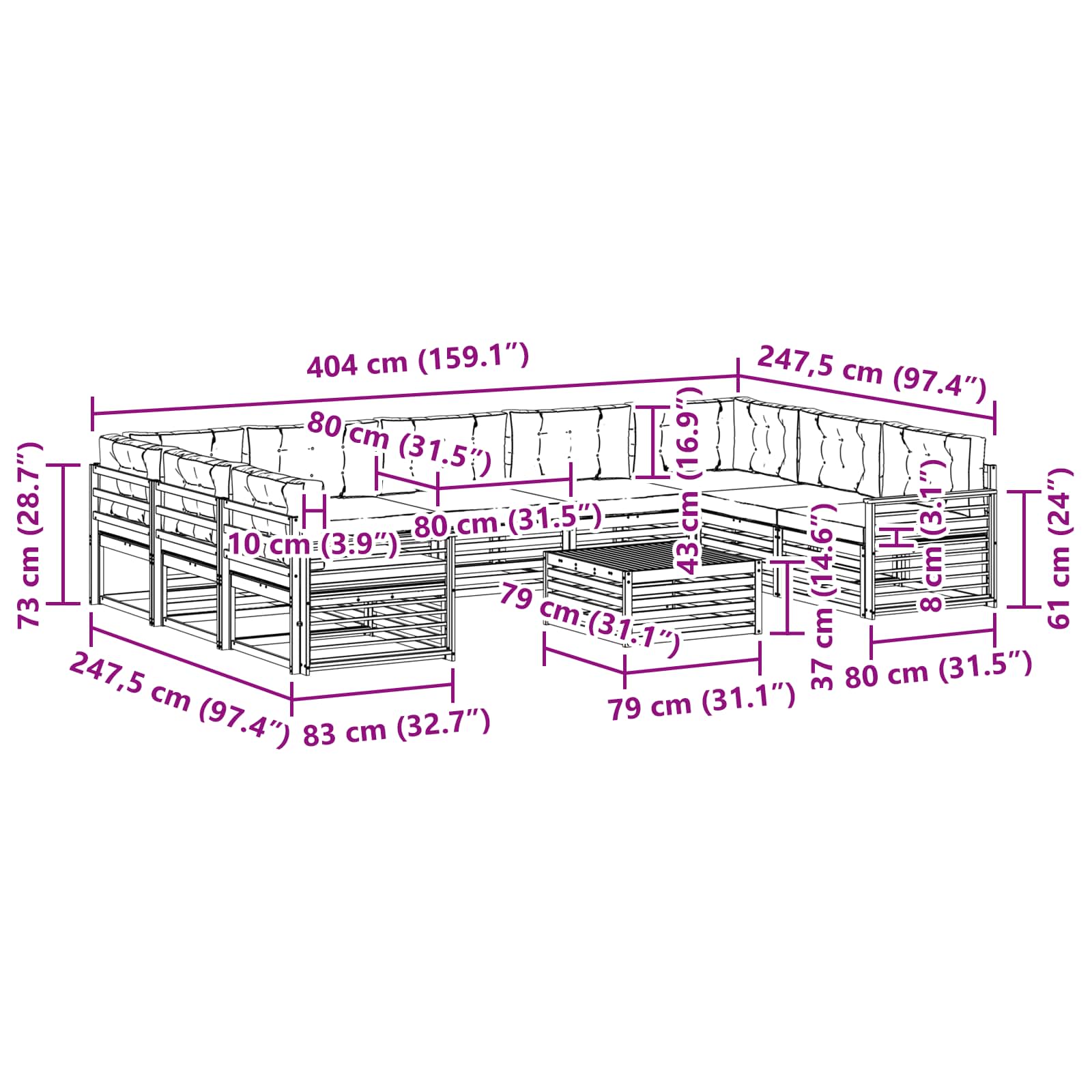 Set vanjskih sofa 10 pcs Bijela i krem Čvrsto drvo akacije