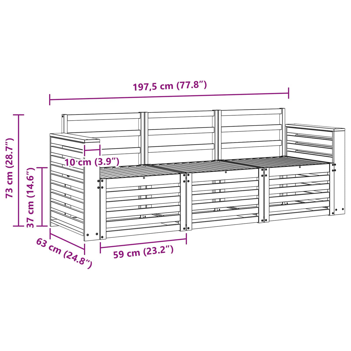 Setovi sofa 3 kom. Bijela Čvrsto drvo akacije 197.5 x 63 x 73 cm