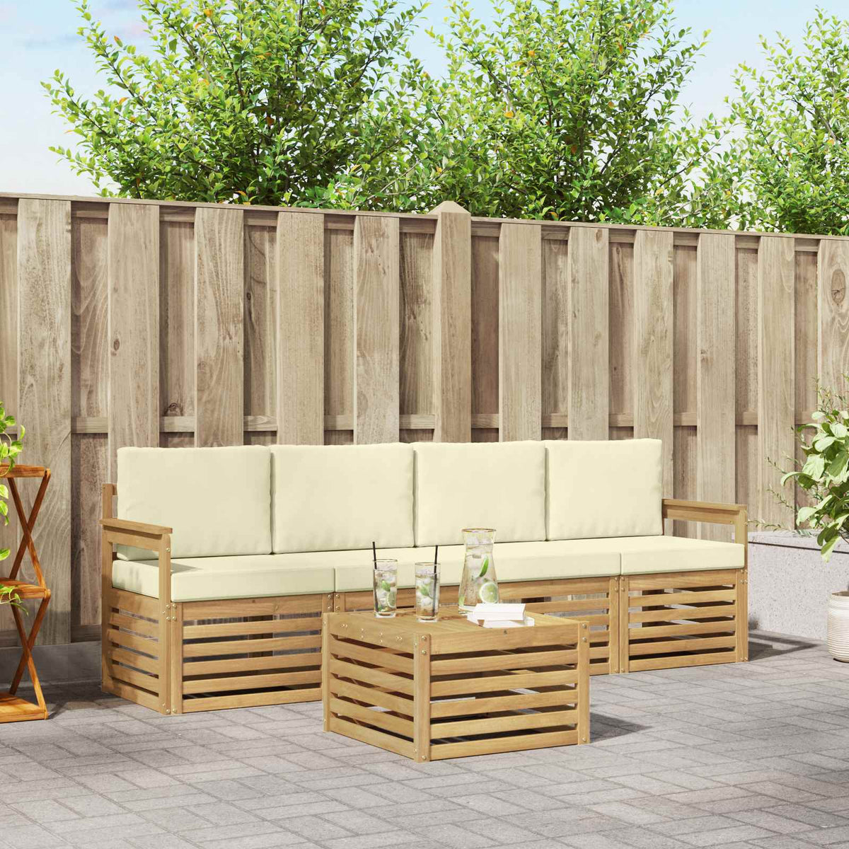 Set vanjskih sofa s jastukom 5 pcs Bijela i krem Poliester