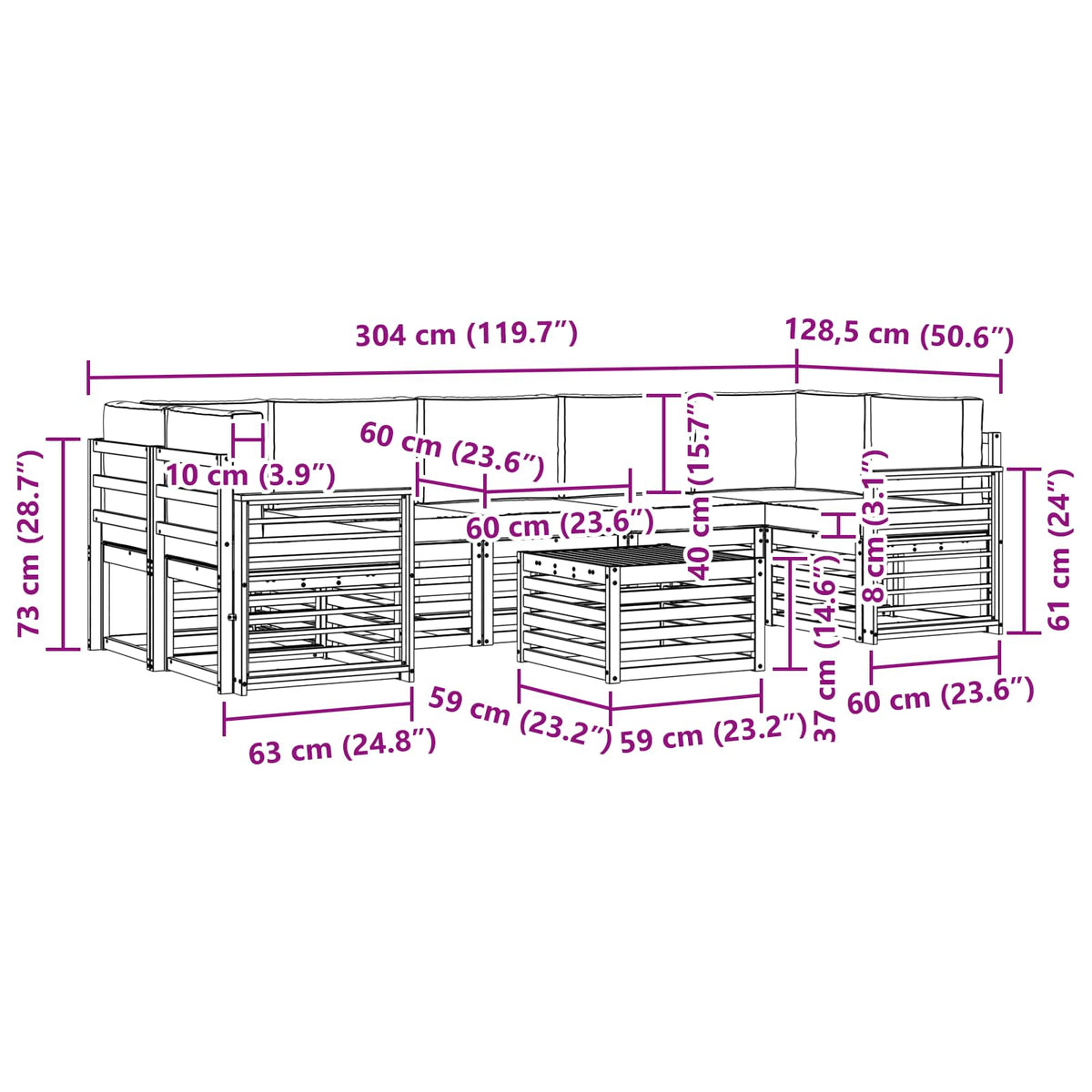 Setovi sofa Čvrsto drvo akacije Svjetlosiva 59 x 59 x 37 cm