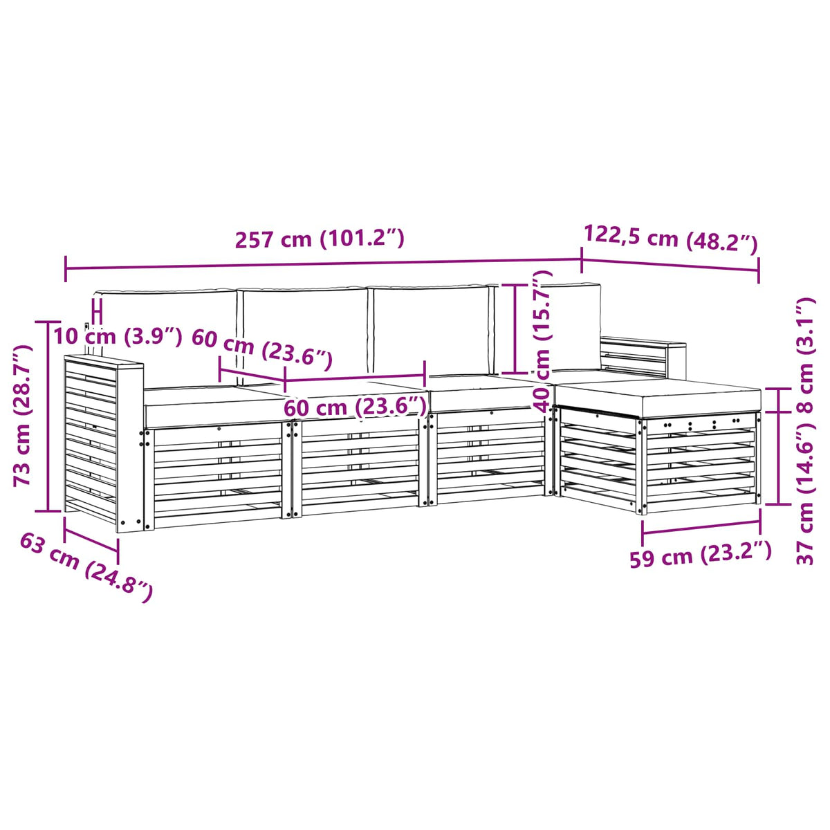 Set vanjskih sofa 5 pcs Bijela i bež 257 x 122,5 x 73 cm