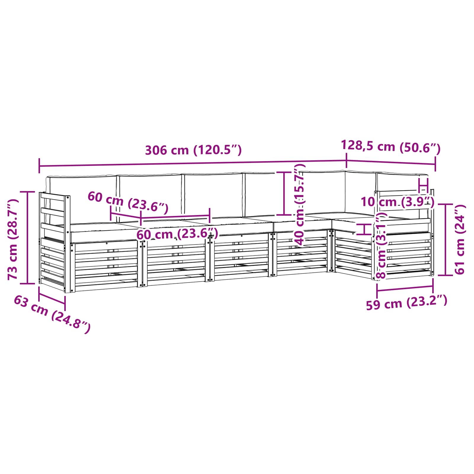 Set vanjskih sofa 6 pcs Bijela i bež 306 x 128,5 x 73 cm